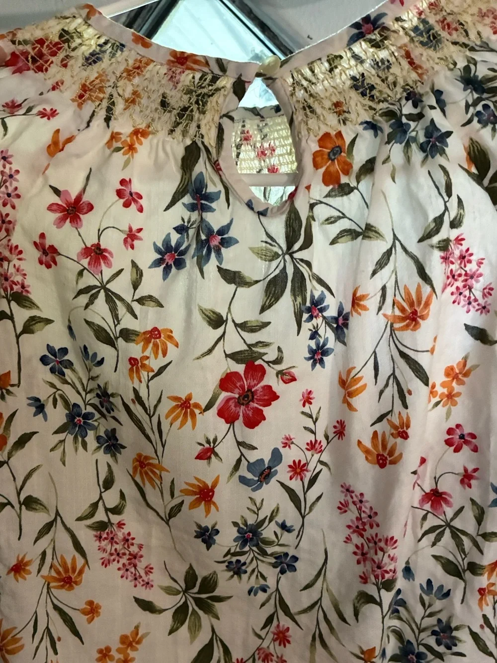 Old Navy White Floral Smocked Neck Blouse